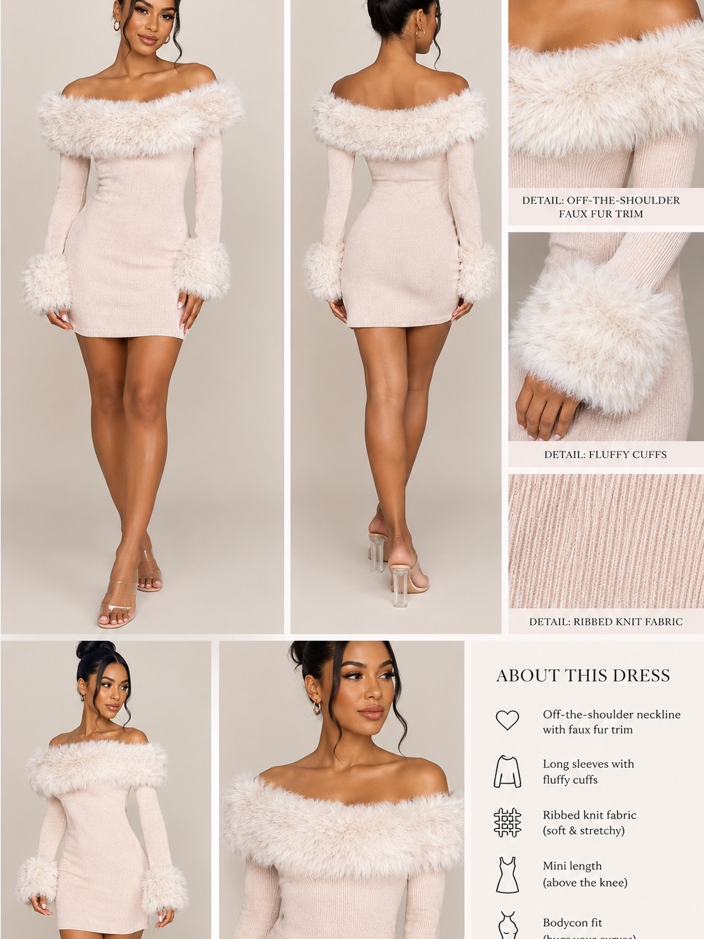 Fashion Nova Off-the-Shoulder Faux-Fur Trim Mini Dress - Cream
